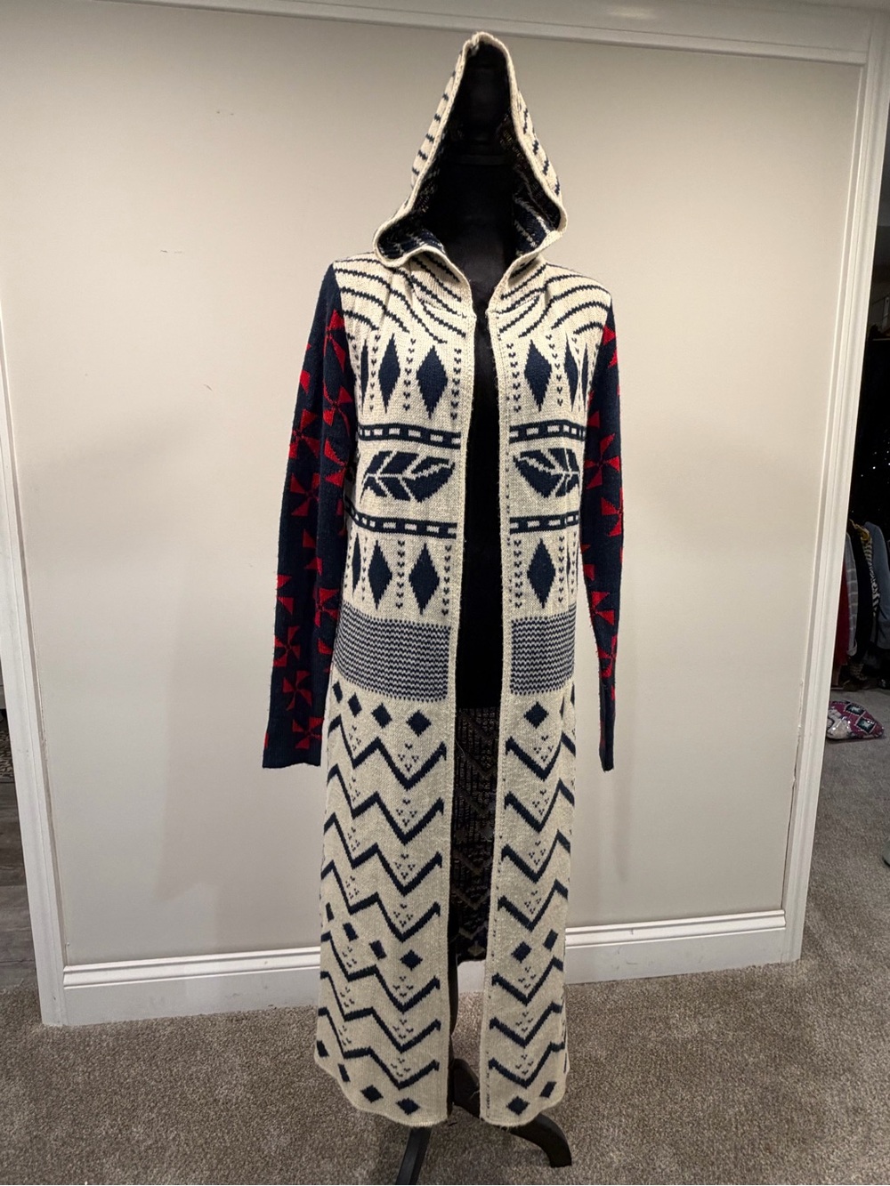 Hooded Knit Long Cardigan - Cream, Navy & Red - Picture 1 of 4